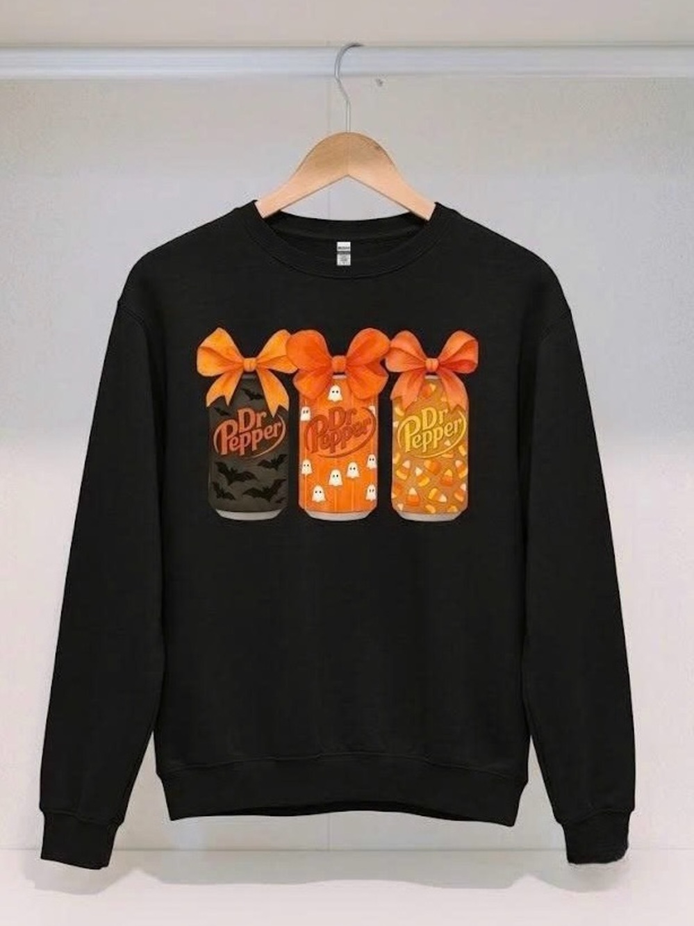 Halloween Soda Cans Bow Crewneck Sweatshirt Black Cute Spooky Fall Pullover